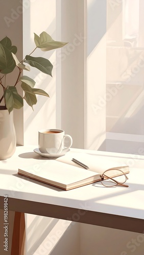 A serene workspace with a white desk by a sunlit window