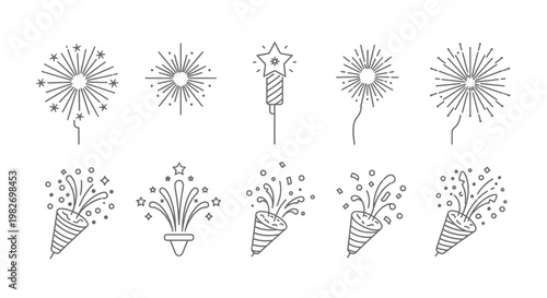 Fireworks icons in line art style.
