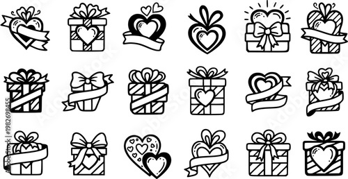 Black and White Line Art Gift Boxes and Hearts Icons