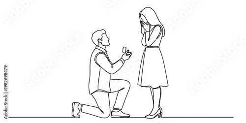 A romantic line art drawing of a man kneeling to propose marriage to a happy surprised woman