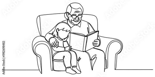 An elderly grandfather sitting in a comfortable armchair and reading a book to his young child.