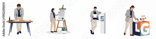 Business professionals engaged in office activities such as signing contracts, presenting agreements, and using digital kiosks in a modern flat vector illustration style.