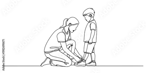 A line art drawing showing a caring mother kneeling down to help her young son tie his shoelace