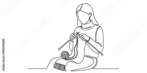 A minimalist single line drawing of a woman comfortably sitting while knitting a warm wool scarf