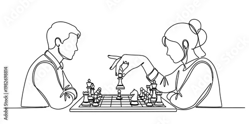 A minimalist single line drawing depicting a man and woman playing a competitive game of chess.