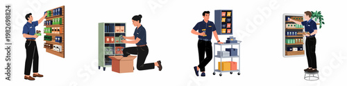 Set of flat illustrations showing retail workers stocking shelves and managing inventory in a supermarket or warehouse environment.
