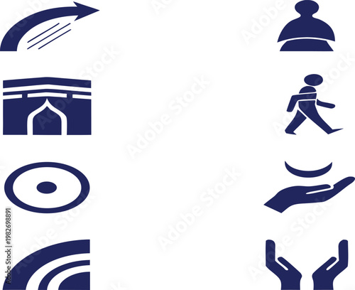 A set of navy blue icons depicts key elements of the islamic pilgrimage hajj including the kaaba prayer and ritual movements high-quality professional detailed modern