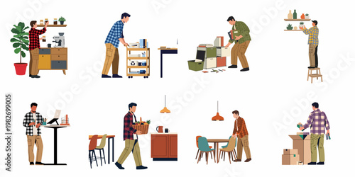 Flat vector illustration set of men performing various household and office tasks like organizing, decorating, packing, and working in modern interiors.