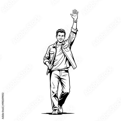 Man waving hello, walking towards camera, casual outfit, friendly greeting, full body shot