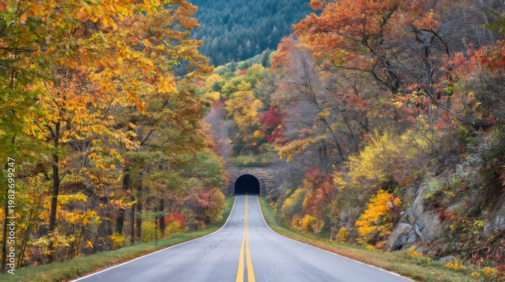 Naklejka premium Blue Ridge Parkway road leading into autumn tunnel