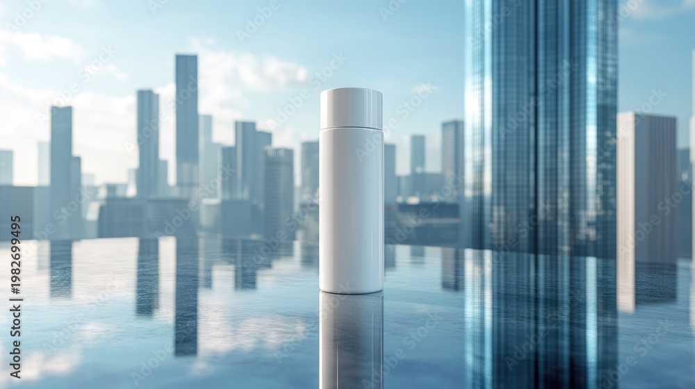 Fototapeta premium Large white cosmetic bottle standing in front of city skyline reflected in water. Urban spf protection, skincare for city life, futuristic beauty.