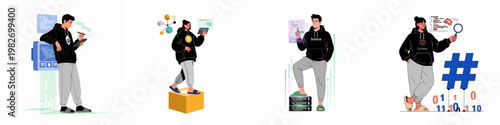 Set of four illustrations featuring characters representing cryptocurrency platforms like Bitcoin, Ethereum, Solana, and Cardano with blockchain, coding, and tech elements.