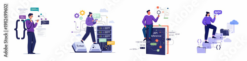 Set of four flat illustrations depicting software development, API documentation, server management, and data synchronization concepts for web and app design.