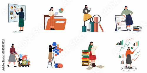 Collection of business illustrations featuring a professional woman analyzing market trends, competitor data, and financial performance through various charts and reports.