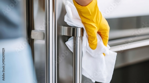Person in yellow glove cleaning stainless steel refrigerator handle