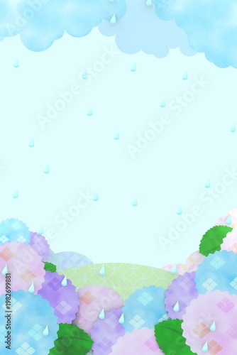 雨模様の紫陽花の3DCG縦長風景