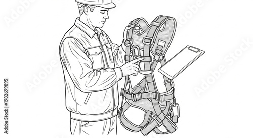 Worker inspecting safety harness and checklist.