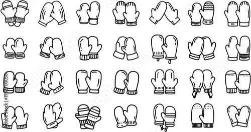 Black and white line art of various mitten illustrations on a white background