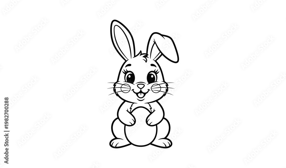 Fototapeta premium Adorable cartoon bunny rabbit sitting upright with a happy expression, black and white line art illustration, cute and playful mood, perfect for children's books or Easter themes.