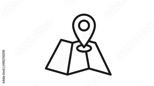Minimalist black line art vector icon of a folded paper map with a location pin marker, representing navigation, travel destination, and GPS tracking, isolated on a white background illustration.