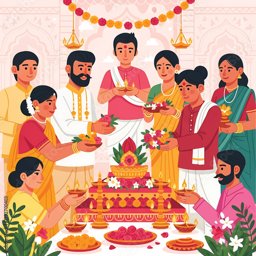 Indian family celebrating traditional festival.