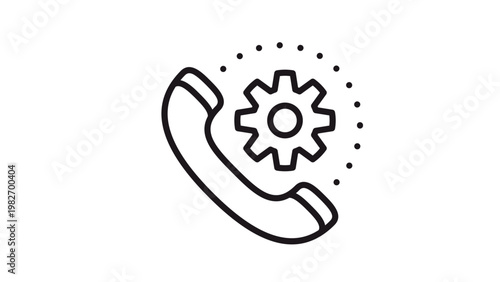Technical support and phone settings vector icon illustration featuring a black line art telephone handset with a gear cogwheel and decorative dots, ideal for customer service and maintenance.