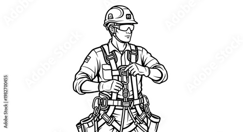 Worker in safety harness and hard hat.
