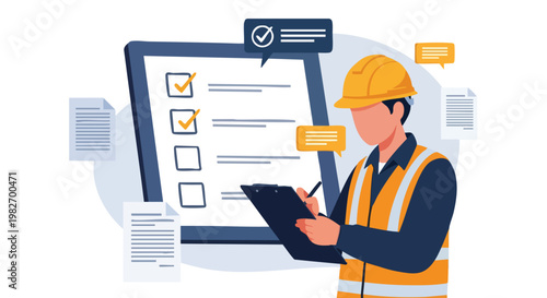 Construction Worker Completing Checklist. Safety Inspection. Project Management.