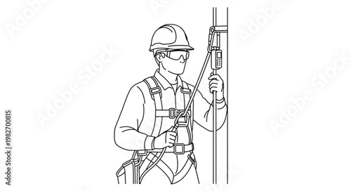 Worker in safety harness attached to vertical lifeline.