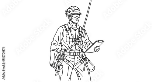 Worker in safety harness holding clipboard, safety at work concept.