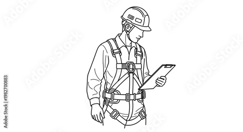 Worker in Safety Harness Inspecting Clipboard.