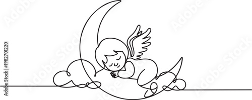 cute cartoon angel with wings sleeping on the crescent moon and clouds. one line icon drawing vector