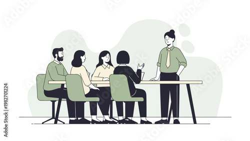 Team Meeting: Diverse professionals collaborating in a modern office setting.