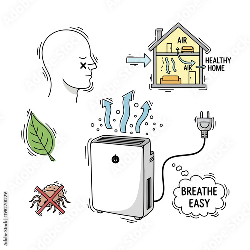 Air purifier machine cleaning air in healthy home with person breathing easy and showing leaf and no dust mite symbols.