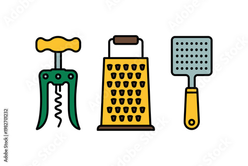 A colorful illustration of kitchen utensils including a corkscrew, grater, and spatula on a white background.