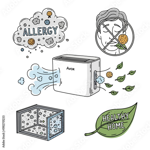 Air purifier brand Avor filtering air releasing clean air with leaves and showing allergy relief and clean filter.