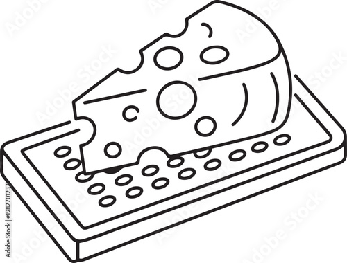 Vector isolated piece of hard cheese grated on a cheese grater colorless. one line icon drawing vector