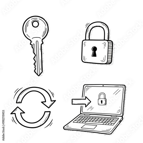 Set of black and white security icons and symbols including key, locked padlock, refresh arrows, and a laptop with a locked screen for digital safety.