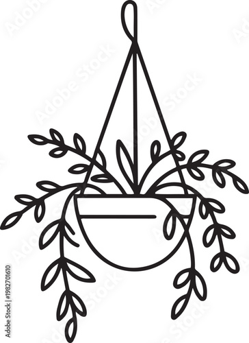 Vector isolated one single hanging flowerpot with hanging leaves lianas. one line icon drawing vector