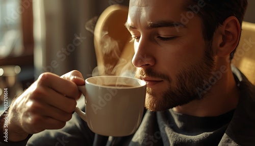 Close-up of a handsome man with a beard enjoying the rich aroma of his steaming hot coffee on a cozy morning, savoring the comforting warmth and flavor