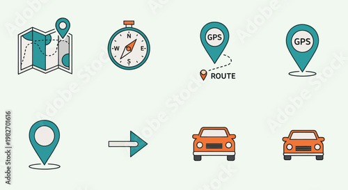 Map, GPS, Compass, Car Icons: Navigation and Travel Set