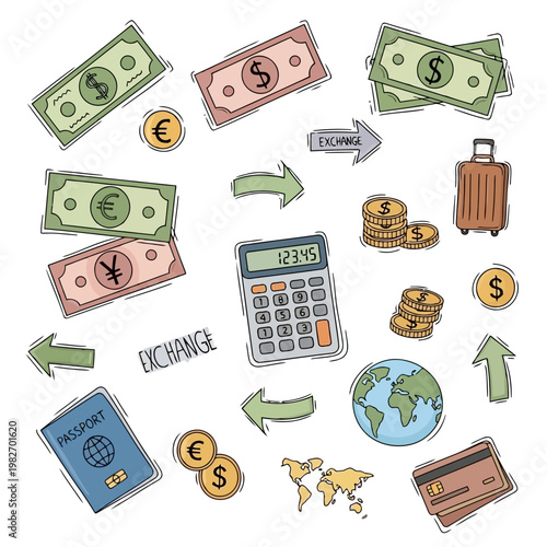 Global currency exchange concept with banknotes coins passport credit card and calculator illustrating international travel finance.