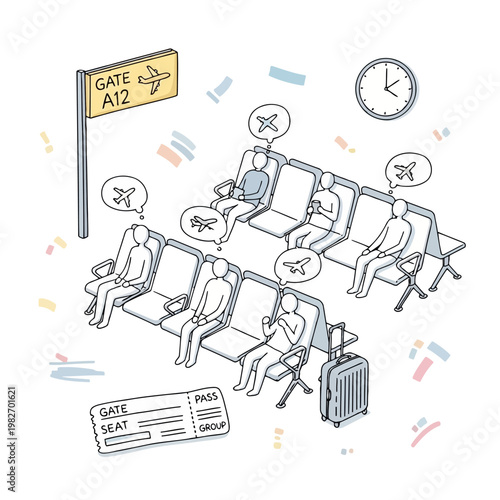 people sitting in airport waiting lounge near gate a12 for flight with luggage and boarding pass illustrating travel and departure.
