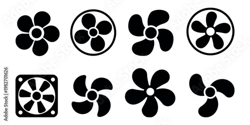 Fan icons collection black and white set featuring various cooling fan designs ventilation airflow symbols modern vector illustration