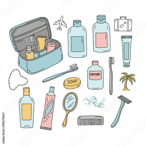 colorful assortment of travel toiletries and accessories including shampoo conditioner toothbrush soap mirror and suitcase.