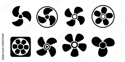 Fan icon set black and white collection showing different ventilation cooling fan styles airflow symbols clean modern vector design