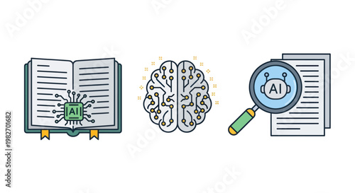 AI Technology Icons: Brain, Book, Magnifying Glass with Artificial Intelligence Symbols