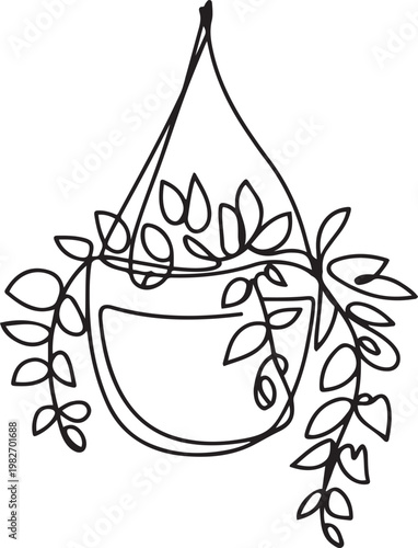 Vector isolated one single hanging flowerpot with hanging leaves lianas. one line icon drawing vector