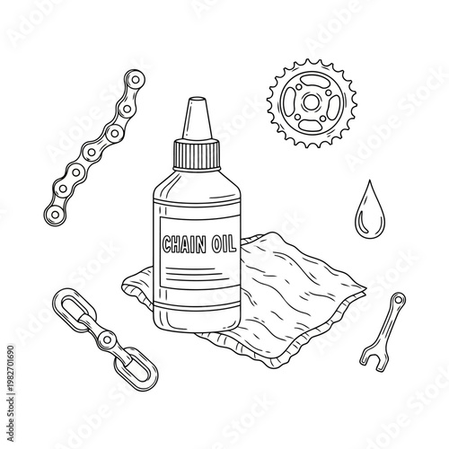 Bicycle chain care and maintenance hand drawn vector illustration, chain oil bottle, bicycle chain, gear and wrench outline doodle set.