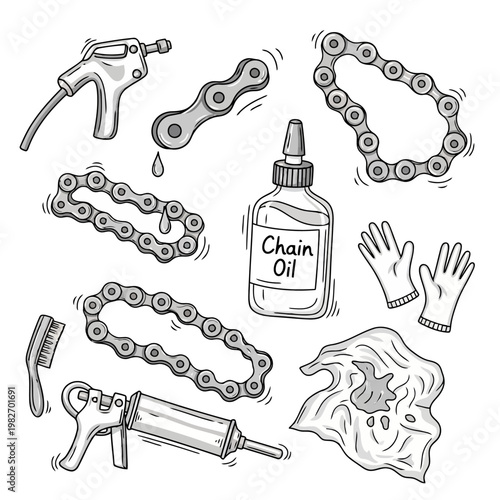 Bicycle chain care and maintenance set hand drawn vector illustration, chain oil, grease gun, brush, gloves, and rag outline doodle.